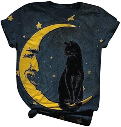 חולצות וינטג 'מצחיקות לנשים שחור חתול שחור ירח גרפיה גרפית רופפת בכושר קיץ שרוול קצר צוואר צוואר עגול