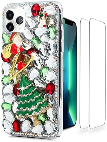לוזיון גליטר טלפון מקרה תואם עם גוגל פיקסל 7-3 ד יוקרה בנות נשים מבריק בלינג בעבודת יד מגן כיסוי עם מסך מגן - ירוק חג המולד עץ סנטה קלאוס