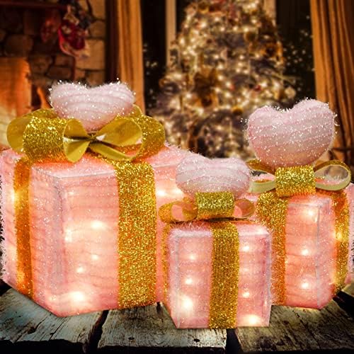 קישוטים ליום האם ורוד קופסאות מתנה מוארות, תפאורה לחדר ורוד לחדר שינה, קישוטים ורודים לחג המולד, 60 LED Lig