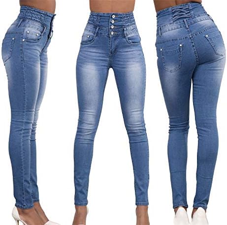 נשים סקיני ג 'ינס גבוהה מותן למתוח רזה ג' ינס התחת מעלית מכנסי עיפרון עם כיסים מכנסיים
