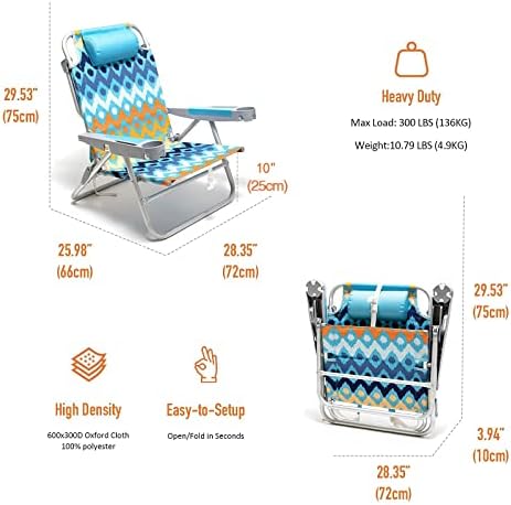 Sunnyfeel רחב במיוחד 28 כיסא חוף נמוך 5 מיקום שכב שטוח, XL כסאות קמפינג מתקפלים ניידים גדולים עם מחזיק כוס לחיצוניות/טיול, כיסא חוף תרמיל