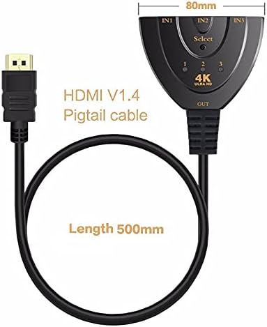 מתאם Multi HDMI, 1080p/4K HDMI Splitter 3 ב 1 OUT, 3-PORT HDMI מתג בורר עם כבל HDMI צמה, תומך במלא HD 4K 1080P 3D, HDMI Hubi
