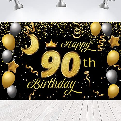 מתוק שמח 90 יום הולדת רקע באנר פוסטר 90 מסיבת יום הולדת קישוטים 90 יום הולדת ספקי צד 90 תמונה רקע עבור בנות,בנים, נשים, גברים-שחור זהב