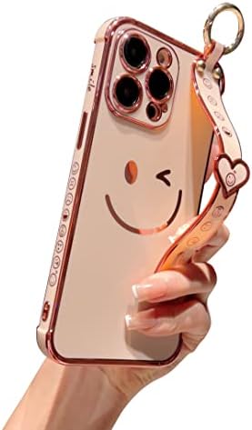 Hosgor iPhone 13 Pro Max Case לנשים, Bling Glitter Glitter ציפוי חיוך כיסוי פנים עם רצועה והגנת עדשות מצלמה TPU רך טלפון פגוש אטום הלם