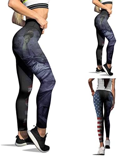 יוגה מכנסיים עם כיסים לנשים ארהב דגל הדפסת נמתח יוגה מכנסיים גבוהה מותן בטן בקרת ספורט כושר ארוך מכנסיים