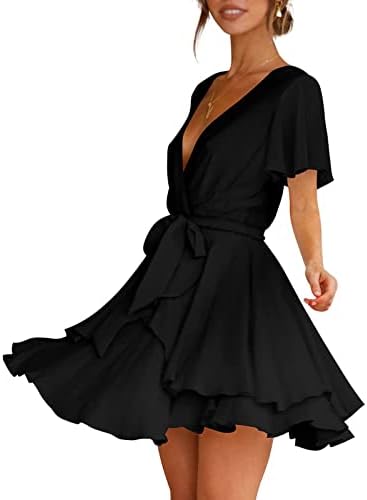 שמלות שרוול קצר של אמיקאדום נערה נער עמוק V צוואר דופק דק טוניקה גוף צמוד שמלות חזה מזדמנים צמודות.