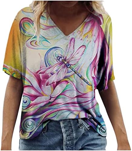 NARHBRG קיץ 3/4 חולצות שרוול צמרות טוניקה נשים בנות נערות מצוירות חמודות הדפס חולצת צוואר עגול בצוואר צבעוני חולצה נוחה רופפת