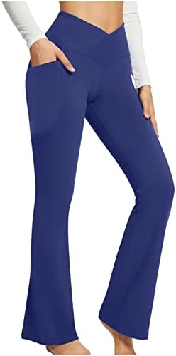 מכנסי יוגה עם כיסים לנשים V קרוסאובר מכנסי מותניים גבוהים צבע אחיד אימון התלקחות מכנסיים