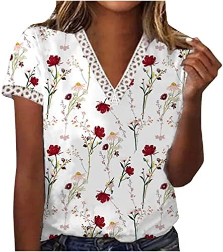 חולצת טי אלגנטית של נשים V צוואר סרוגה תחרה צמרות הדפס פרחוני חמוד טיז שרוול קצר 2023 חולצות לבושות קיץ