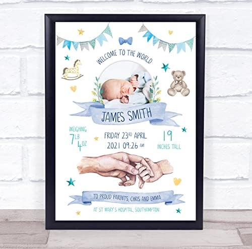 פרטי לידה חדשים לתינוקות ניגוד משתלה באנר כחול צילום שמירת מזכרת הדפס מתנה