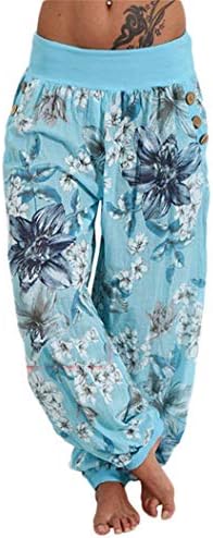 נשים Andongnywell מדפיסות מכנסיים רחבים של הרם היפי בוהו כפתור כיס רופף מכנסיים המותניים הגבוהים מכנסי חוף רחבים