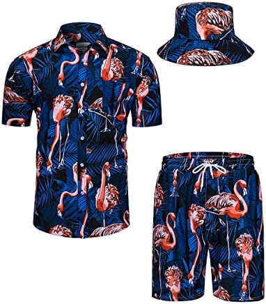 חולצות הוואי של Tunevuse Mens Shirts ומכנסיים קצרים קבעו 2 חתיכות תלבושת טרופית כפתור הדפסת פרחים למטה חליפת חוף עם כובעי דלי