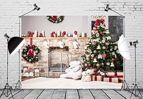 BELECO 10X8FT בד חג המולד תפאורה מקורה צילום תפאורה אח אח חג המולד מתנות עץ צעצוע דוב רקע לחג המולד לשנה החדשה אספקת מסיבת חג תינוקות