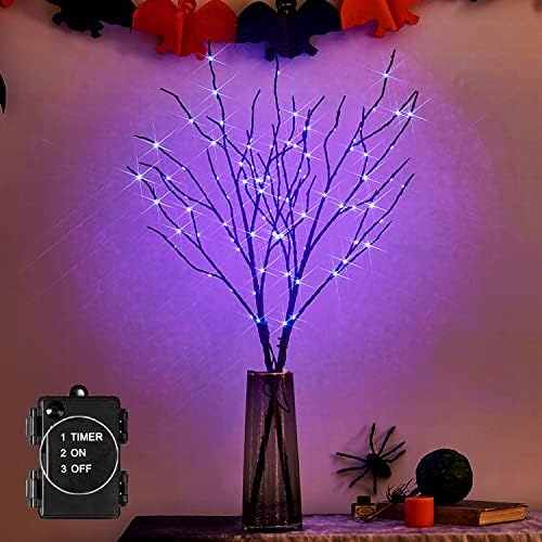 ענפי עץ עץ ליל כל הקדושים מוארים עם טיימר 32in אורות פיות סגולים 100 ליטר, אורות ענף טוויג שחורים סוללה מופעלת או מקורה מקורה של מסיבת