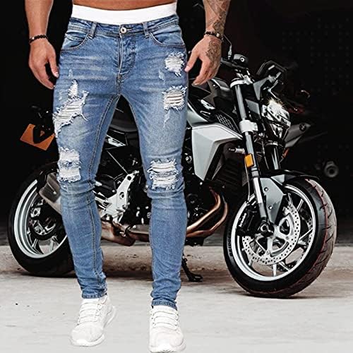ג'ינס Ubst לגברים, חור נקרע במצוקה, Slim Fit Street Frayed Skined Skinny Penchil Center מכנסיים מכנסיים