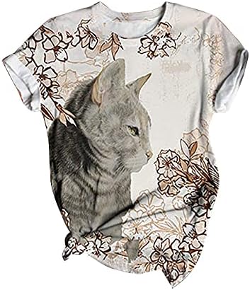 חולצת טריקו של שרוול קצר של נשים אופנה אופנה החתול חמוד הדפסת טי קרוס צווארון שרוול שרוול חולצה גרפית מזדמנת
