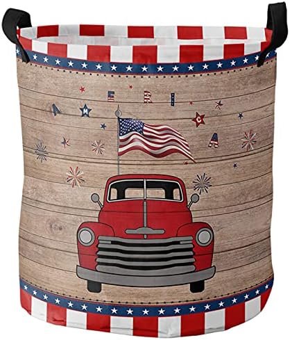 רטרו משאית עם דגל אמריקאי רטרו עץ גדול סל כביסה, עמיד למים סל כביסה עבור תינוק בגדים, אדום לבן באפלו בודק תחרה מתקפל סלי כביסה עם ידיות,