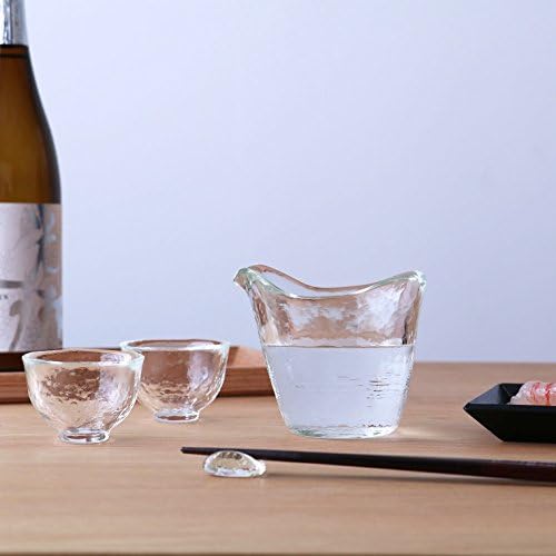 Aderia FS-71515 Tsugaru Vidro Sake Sake Set Set Set Set Set Sate, ברור, 2.4 fl oz x 2, פה יחיד 9.5 fl oz x 1, סט כוס סאקה עמיד בפני חום,