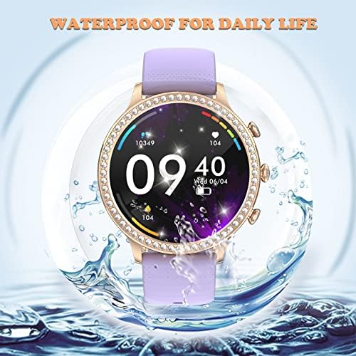 שעונים חכמים סגולים לנשים עם יהלומים, תשובה/הפוך שיחה לנשים Bluetooth Smart Watch עבור טלפונים אנדרואיד ו- iOS, Rhinestone Fitness Tracker