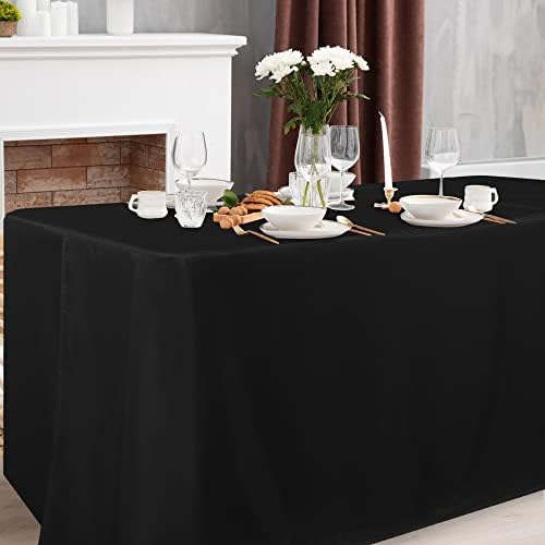 מפת שולחן שחורה עם 2 חבילות בגדי שולחן מותאמים לשולחנות מלבן בגודל 6 רגל - כיסוי שולחן מלבן פוליאסטר בד רחיץ עמיד במים לשימושים חיצוניים