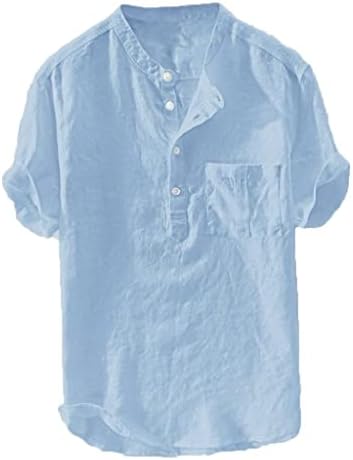 NYYBW חולצות פשתן כותנה לגברים שרוול קצר, כפתור מזדמן למטה חוף טרופי חוף חולצות חולצות T עם כיס