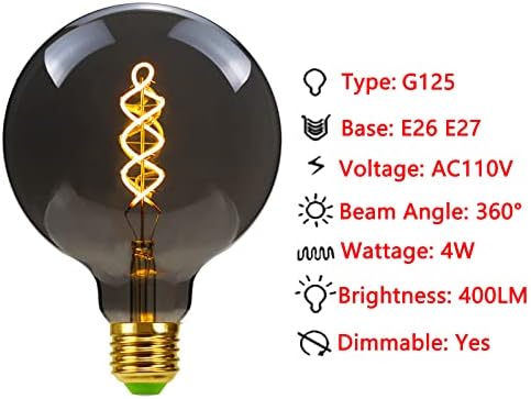 אור אדיסון 125 4 ואט ניתן לעמעום בציר הוביל 40 ואט שווה ערך מעושן אפור זכוכית ספירלת נימה דקורטיבי מנורת הנורה חם לבן 2700 קראט ה26 /