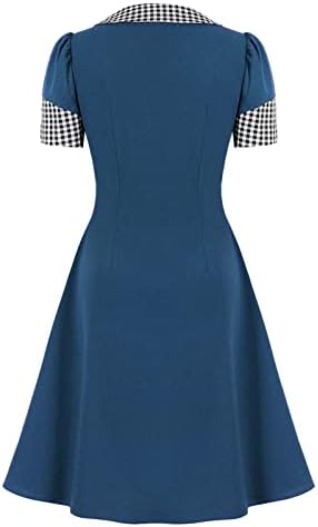 אופנת נשים בריטי פונה צווארון משובץ הדפס שמלת שרוול קצר