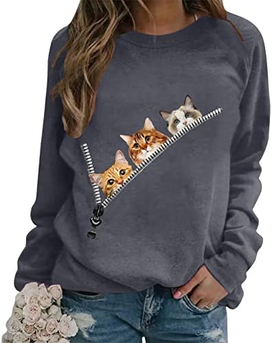 סווטשירט של חתול נשים חמוד חולצות גרפיות חיות חידוש טרנדי חולצה מצחיקה חולצה חולצה קלה משקל שרוול ארוך