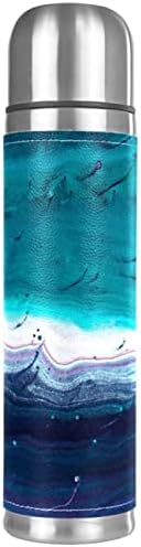 Lilibeely 17 גרם ואקום מבודד נירוסטה בקבוק מים ספורט ספורט קפה ספל ספל בקבוק עור אמיתי עטוף BPA חינם, ציור אמנות צבע אקרילי כחול