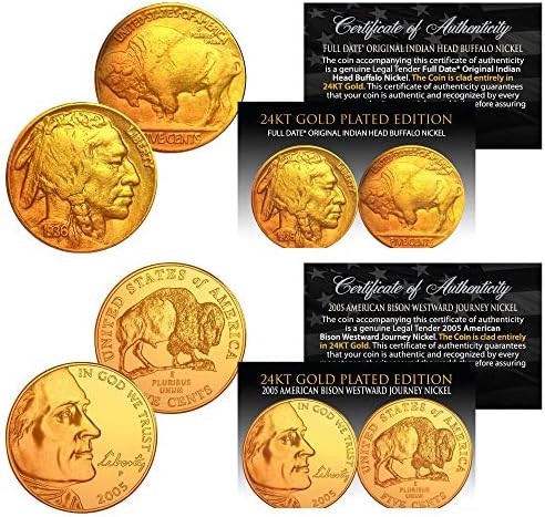 ואז ועכשיו בופלו 5 סנט 24 קג מצופה זהב מטה 2 מטבעות-שנות השלושים ו -2005 ניקל בוגו
