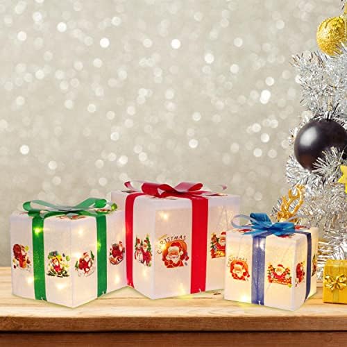 פייטון חג המולד 60 קופסאות מתנה מוארות 3 חבילה, קישוט כריסטם, סנטה קלאוס קופסאות דפוס מעודנות לעץ חג המולד, חצר, בית, קישוט כריסטם חיצוני