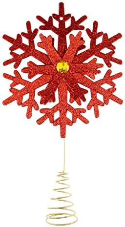 יצירות חכמות חג מולד עץ 8 אינץ 'טופר קישוט פתיתי שלג שטוח, עיצוב נופש ביתי נצנצים, אדום