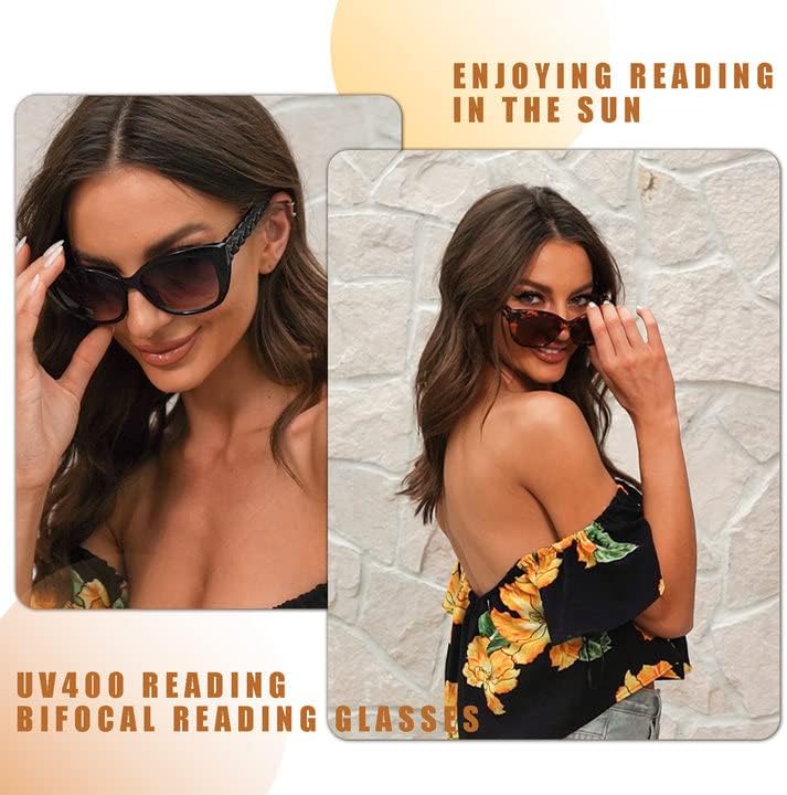 משקפי שמש ביפוקליים של Ladeesse לנשים Cateye משקפי קריאה מסוגננים 2 חבילה UV400 משקפי קוראים מגדלים משקפיים