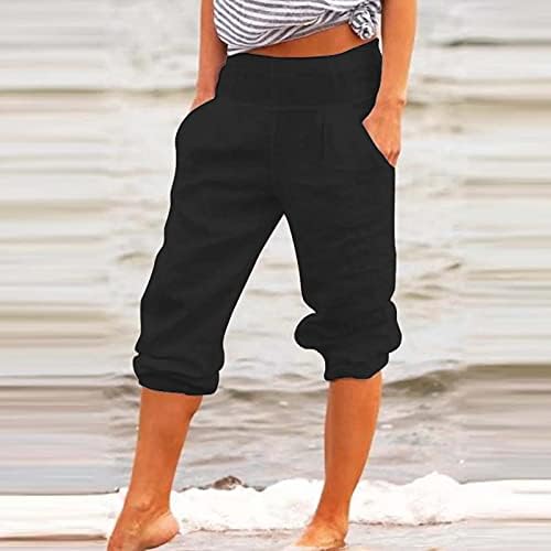 מכנסי קפרי פשתן כותנה של נשים, חוף רחב רגליים רופפות באורך ברך באורך ברך קפריס קיץ מכנסיים קצוצים מזדמנים לנשים