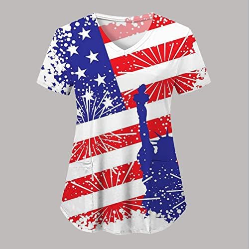 4 ביולי חולצת טי לנשים דגל ארה ב קיץ חולצת טי עם שרוול קצר עם 2 כיסים חולצה למעלה בגדי עבודה מזדמנים לחג
